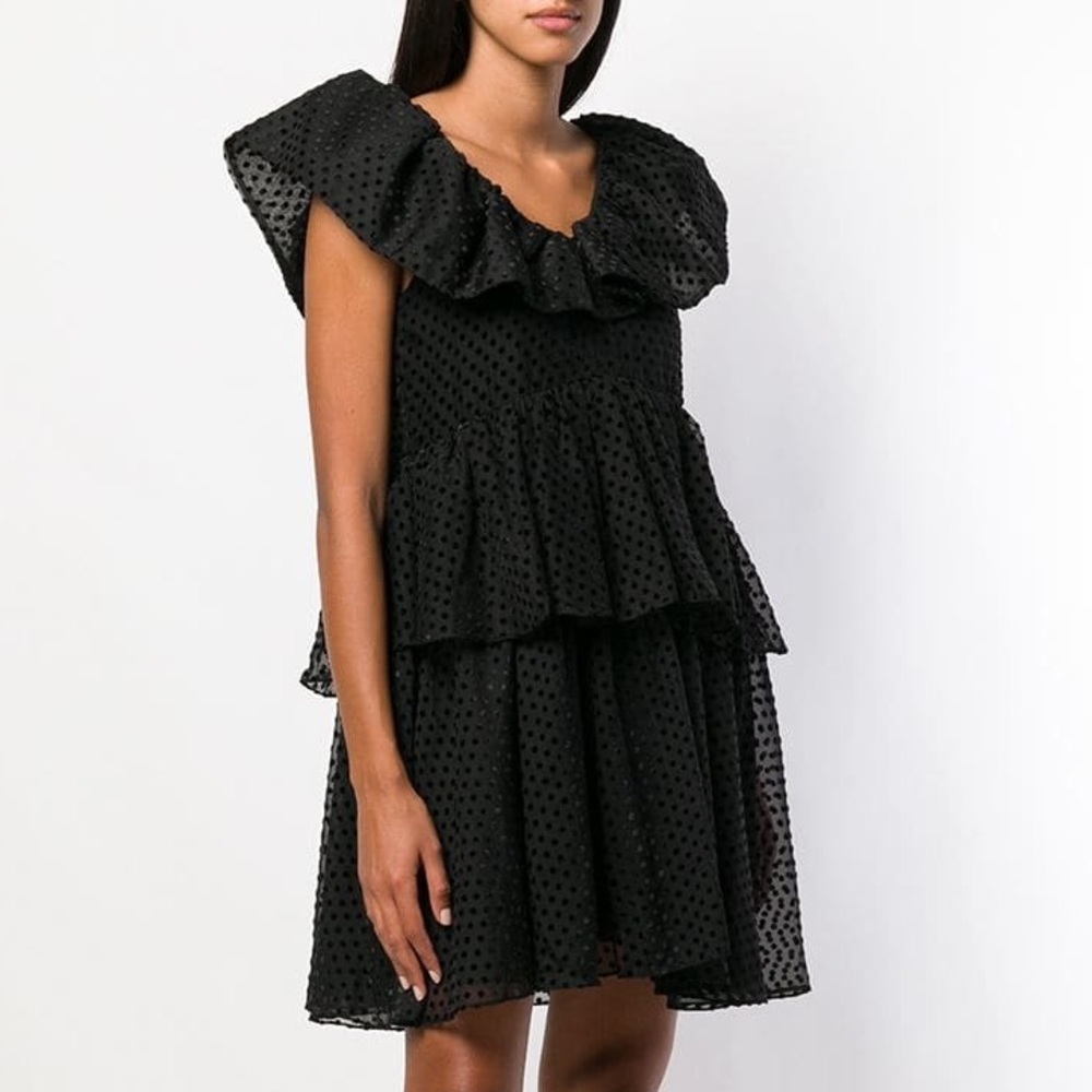 NWT GANNI Jasmine black polka dot ruffle v-neck sleeveless babydoll dress sz 40